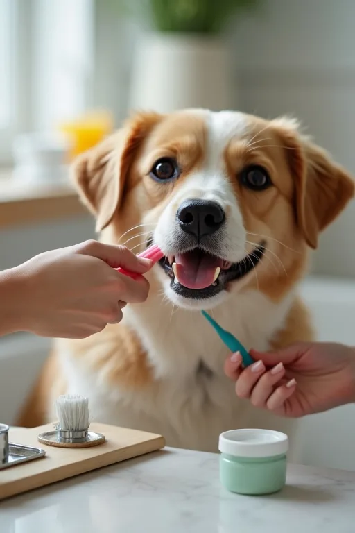 Närbild på hundägare som försiktigt håller en tandborste vid hundens mun hemma