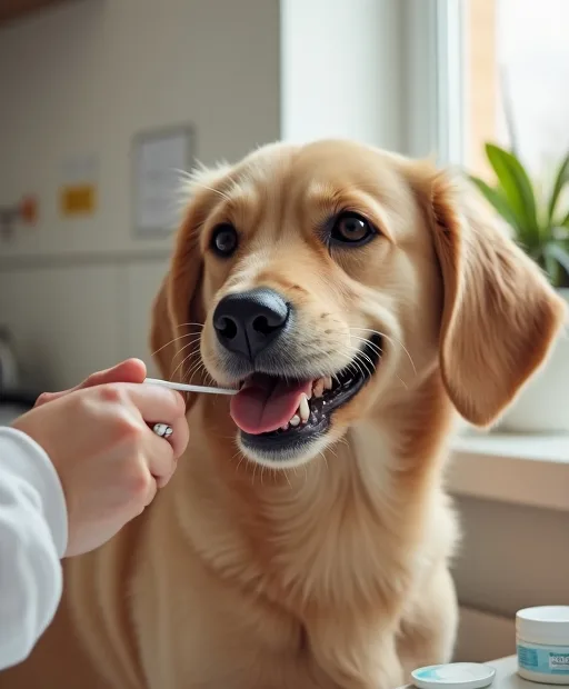 Hund som får tänderna borstade hemma med tandborste och hundtandkräm