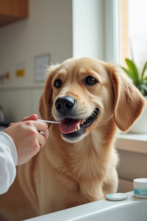 Hund som får tänderna borstade hemma med tandborste och hundtandkräm