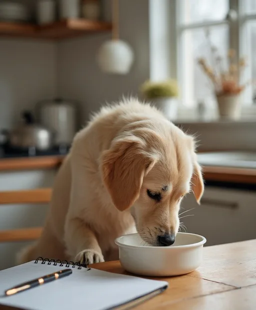 Hund som äter hundfoder för känslig hud och päls i ett lugnt kök.