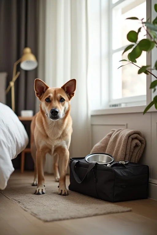 Hund i ett lugnt hotellrum med packad väska och reseprylar