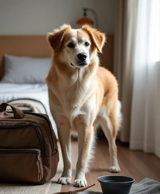 Hund vid en packad resväska med hundsaker inför övernattning på hotell