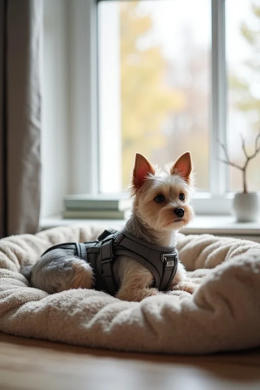 En liten hund som vilar stilla nära ett fönster i en ljus lägenhet.