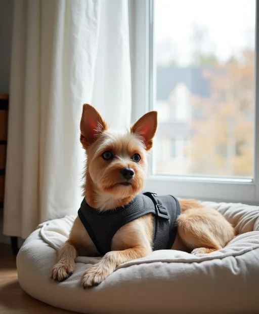 En liten hund med sele som vilar på en lugn hundbädd i en ljus lägenhet.