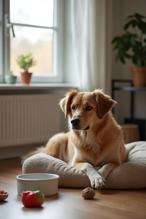 En ny hund som vilar i ett stilla vardagsrum med enkel bädd och vattenskål.