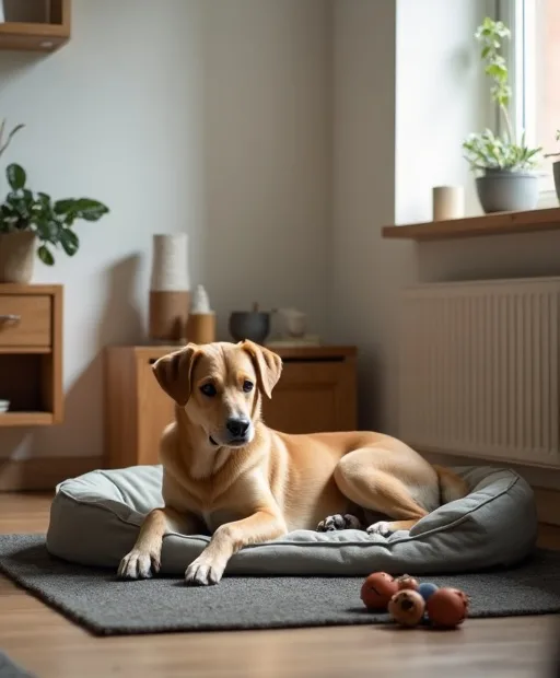 Ny hund som vilar på en tvättbar hundbädd i ett lugnt hem under första veckan.