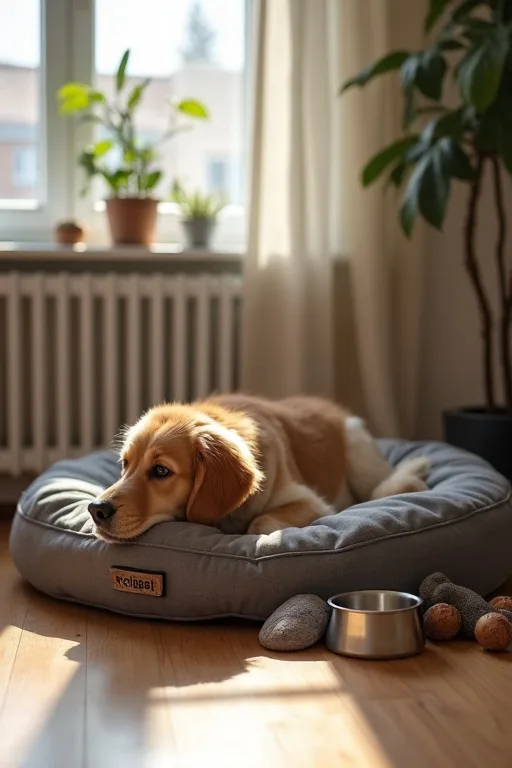En hund som vilar lugnt i hemmet när familjen håller tempot lågt under första veckan.