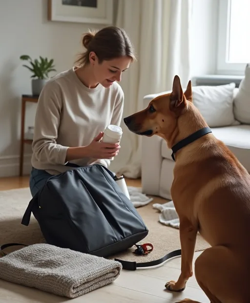 Hundägare packar inför en resa med hund, med vattenflaska, bajspåsar och reseutrustning framme.