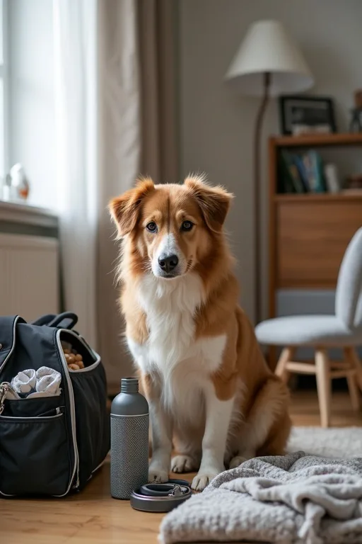 Sista kontrollen inför resa med hund, med dokument, sele och packade tillbehör samlade.
