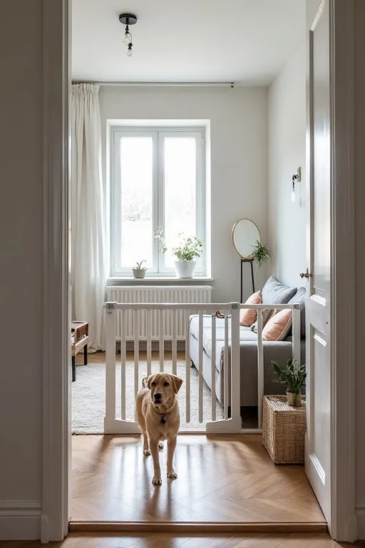 En lugn matplats och sovplats för hund i ett svenskt hem.