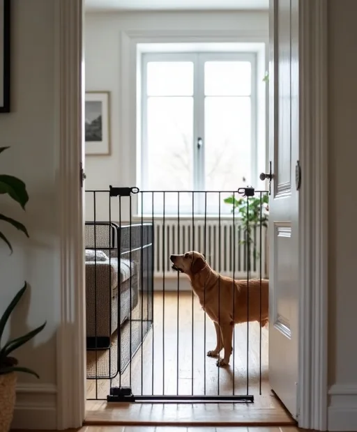 Ett hem förbereds inför hund med grind i dörröppningen och en hundhage i vardagsrummet.