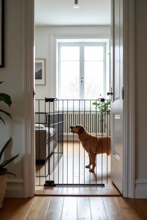 Ett hem förbereds inför hund med grind i dörröppningen och en hundhage i vardagsrummet.