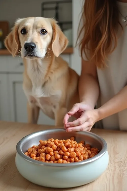 Svensk hundägare som serverar hundmat i en lugn hemmiljö