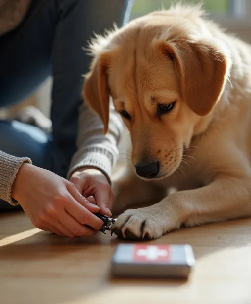 Hundägare klipper hundens klor lugnt hemma med kloklippare och första hjälpen-kit nära till hands