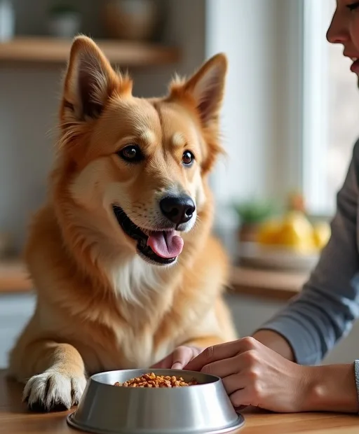 Hund som äter foder anpassat för hud och päls vid en lugn vardaglig utfodringsplats