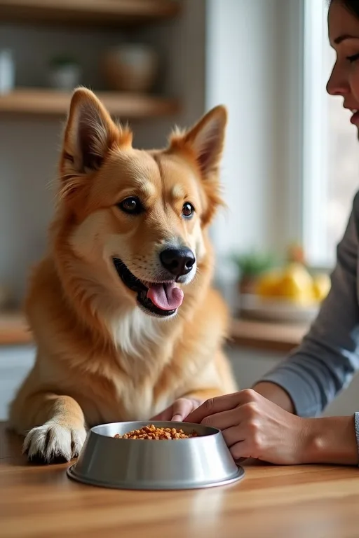 Hund som äter foder anpassat för hud och päls vid en lugn vardaglig utfodringsplats