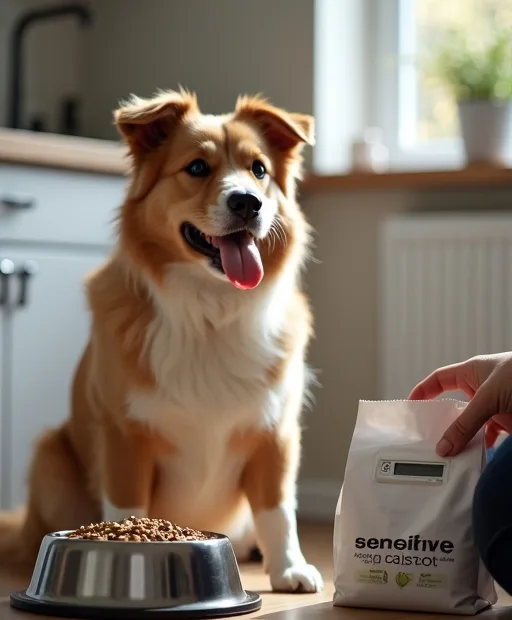 Hundmat vägs upp med digital våg i ett lugnt hemkök för att underlätta vid känslig mage.