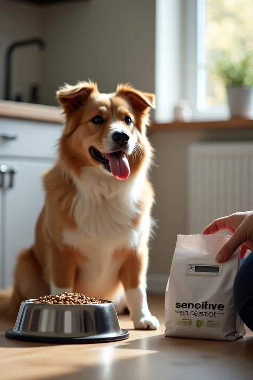 Hundmat vägs upp med digital våg i ett lugnt hemkök för att underlätta vid känslig mage.