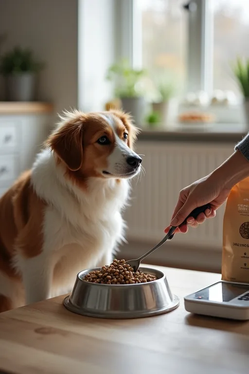 En hund väntar lugnt vid matskålen i ett ordnat kök, som exempel på fasta måltidsrutiner vid känslig mage.