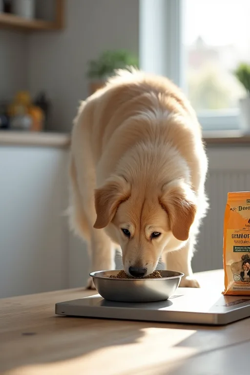 Hund som äter lugnt bredvid en digital köksvåg och hundfoder för känslig mage
