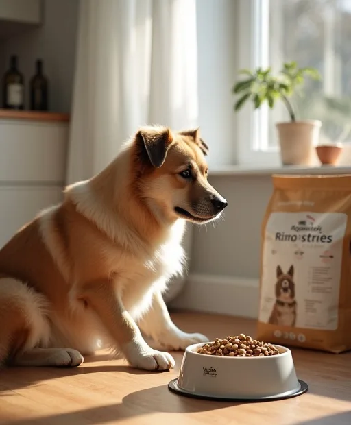 Hund vid matskålen med hundfoder som kan passa hud och päls i vardagen
