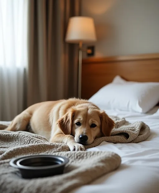 Hund på hotellrum med egen filt, hopfällbar skål och handduk för en smidig övernattning.