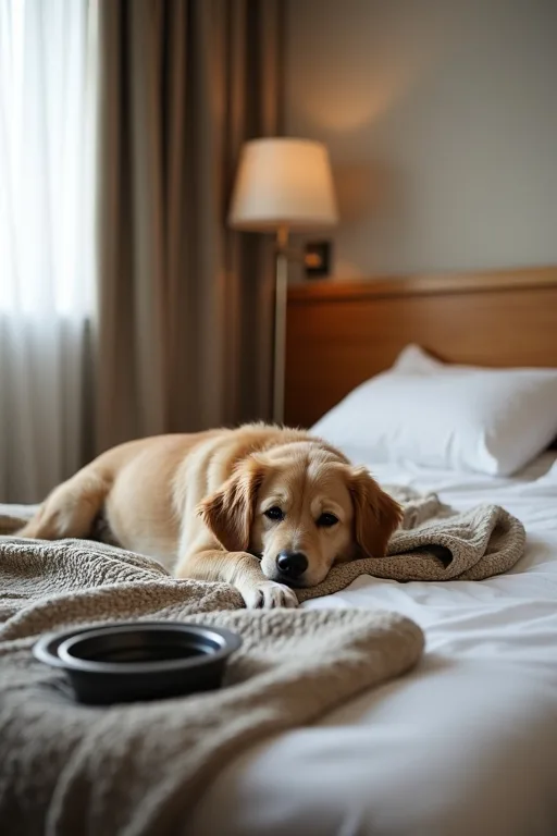 Hund på hotellrum med egen filt, hopfällbar skål och handduk för en smidig övernattning.