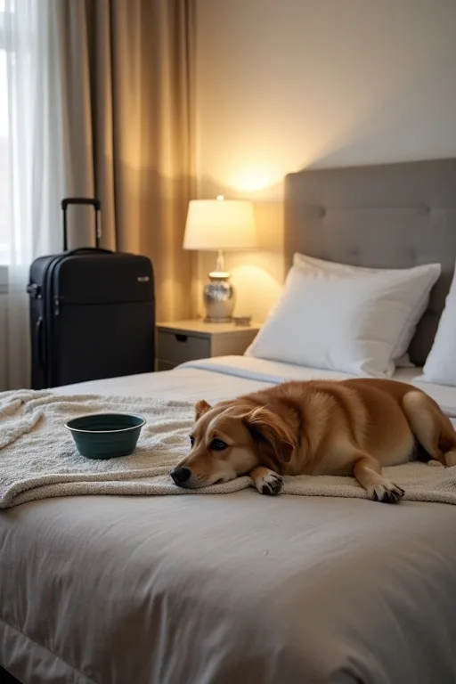 Praktisk övernattning med hund där vatten, filt och enkel packning gör rummet lättare att använda.