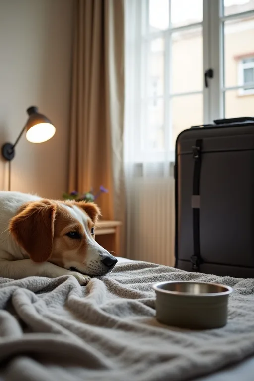 Hund vila på hotellrum i en lugn och enkel miljö med egen filt och resväska.