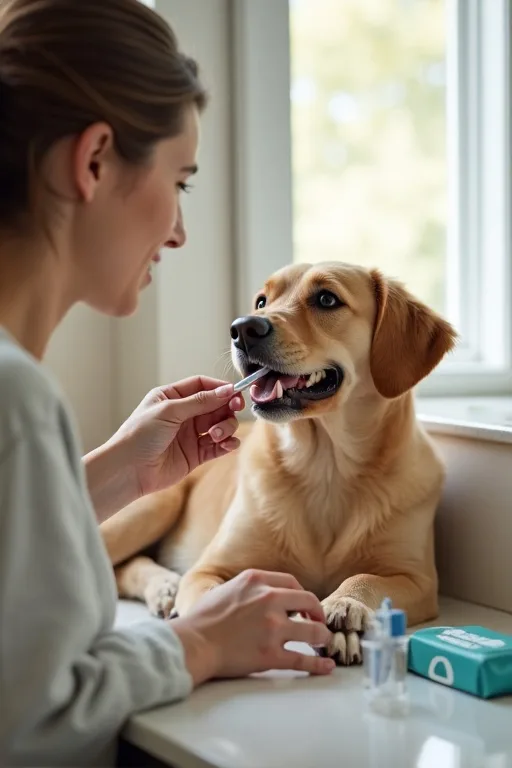 Närbild av en lugn hemmarutin med hundborste och tandkräm på en ren köksbänk.