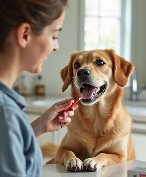 Hundägare borstar hundens tänder hemma med tandborstkit och rengöringsservetter i närheten.