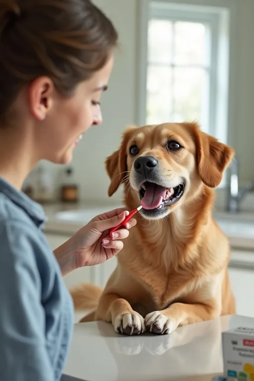 Hundägare borstar hundens tänder hemma med tandborstkit och rengöringsservetter i närheten.