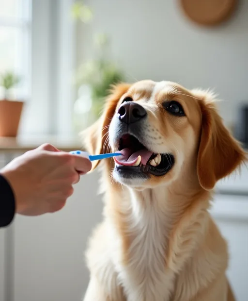 Hundägare borstar hundens tänder lugnt hemma med tandborste och tandkräm.