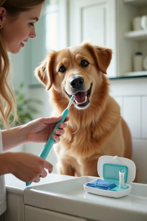 Lugn hemmamiljö där hundägaren håller ett tandborstkit nära hunden under en vardaglig vårdstund.