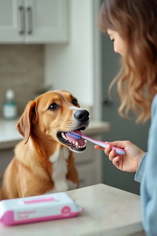 Hundägare förbereder tandvård hemma med borste, tandkräm och rengöringsservetter nära hundens plats.
