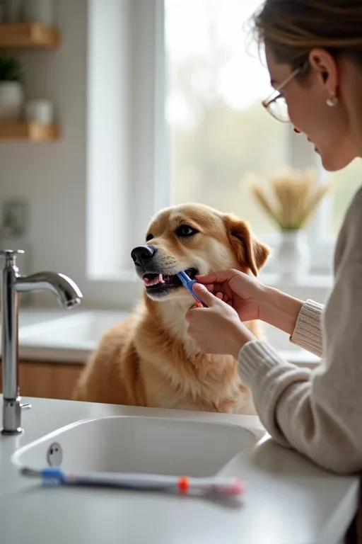 Hundägare förbereder tandborste och tandkräm på en lugn hemmaplats.