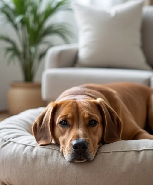 En lugn hund som vilar på en mjuk bädd i ett stillsamt hem