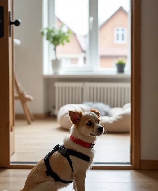Liten hund i en lugn lägenhet med sele och mjuk hundbädd i bakgrunden