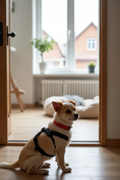 Liten hund i en lugn lägenhet med sele och mjuk hundbädd i bakgrunden