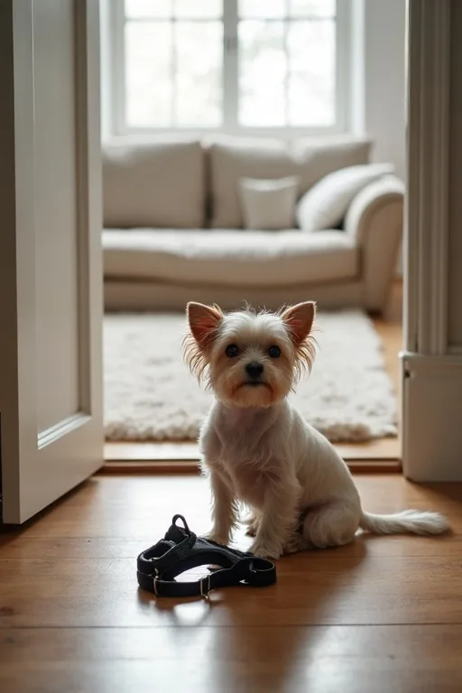 Liten hund som vilar i ett stilla vardagsrum med tydlig plats för vardagen