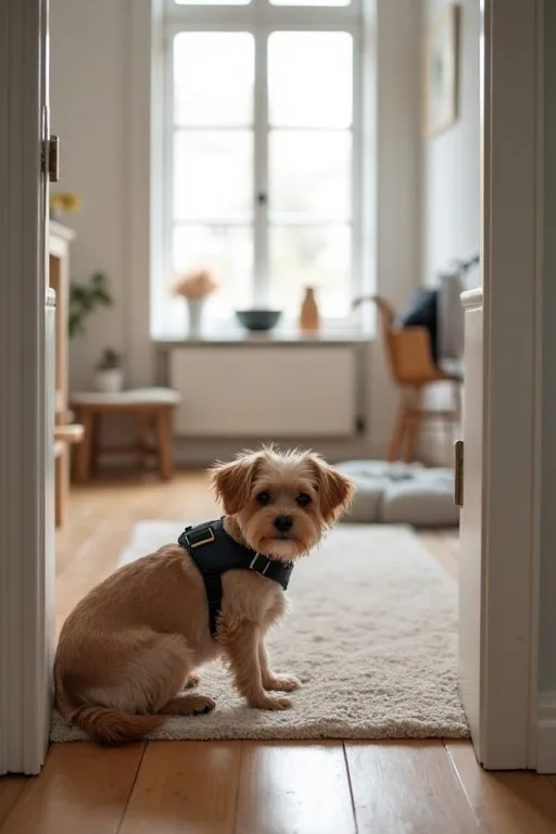 Hund som vilar lugnt i en lägenhet där vardagen känns stilla och förutsägbar