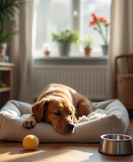 Ny hund som vilar i en tvättbar hundbädd med tuggleksaker i ett lugnt hem