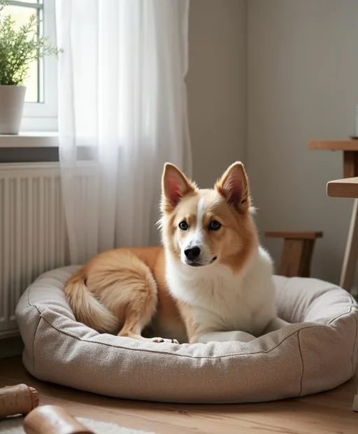 En ny hund som vilar i en tvättbar hundbädd i ett lugnt hem