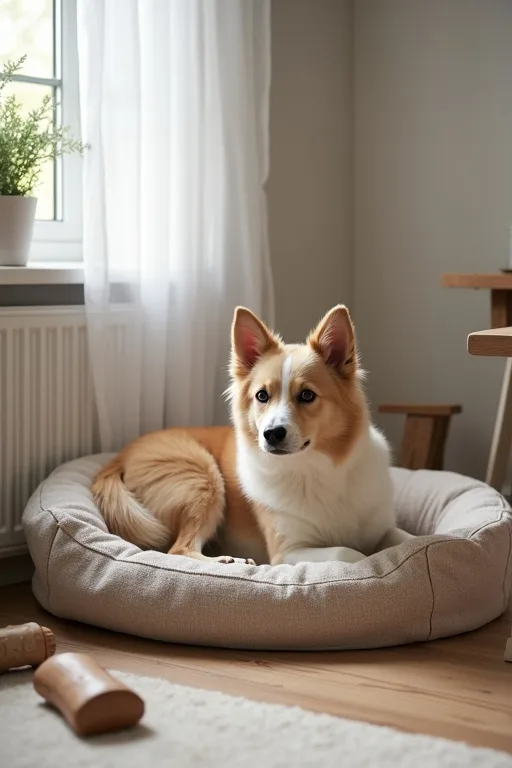 En ny hund som vilar i en tvättbar hundbädd i ett lugnt hem