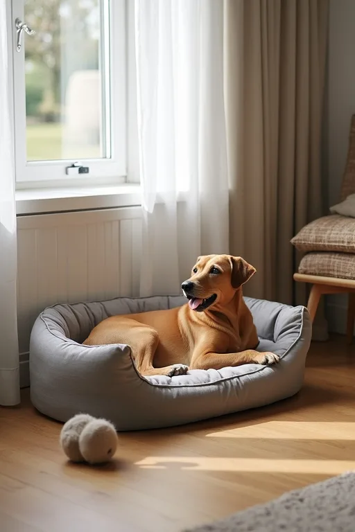 En lugn hundplats med bädd och några enkla leksaker i hemmet