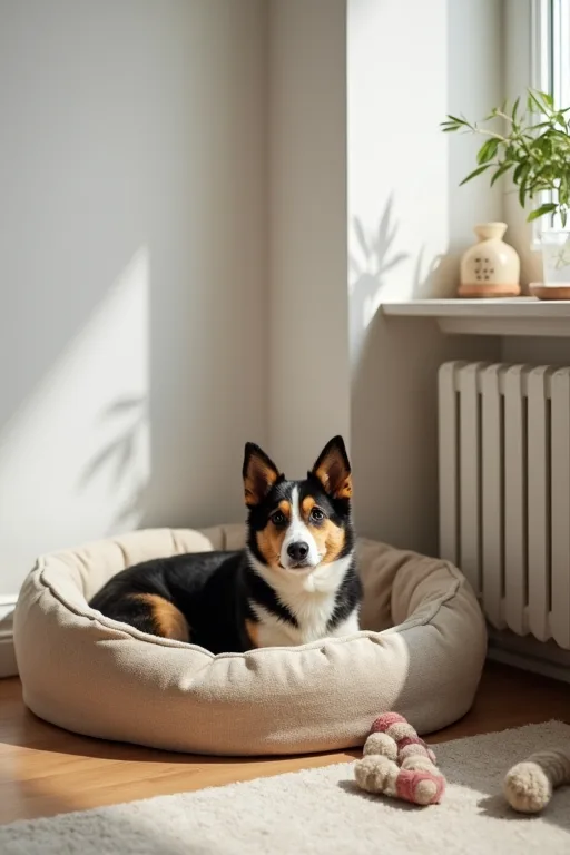 En lugn hund med enkla tuggleksaker under den första veckan hemma