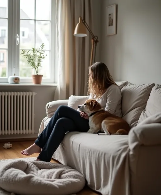 En lugn hund vilar i en mjuk bädd medan en ny hundägare sitter bredvid i ett stilla hem.