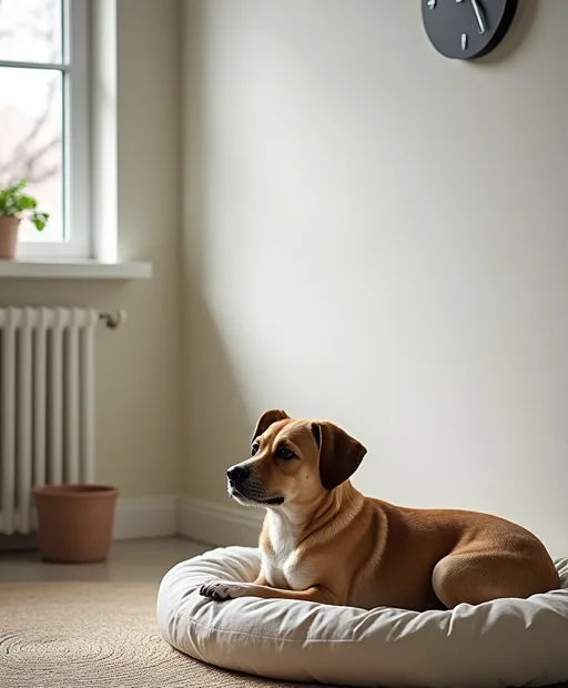 En lugn hund som vilar på en mysig bädd bredvid en kylmatta i ett stilla hem.