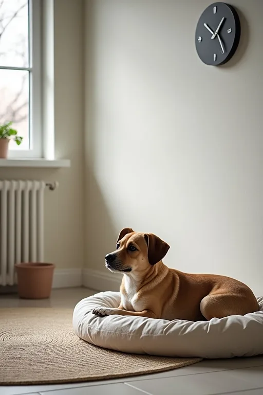En lugn hund som vilar på en mysig bädd bredvid en kylmatta i ett stilla hem.