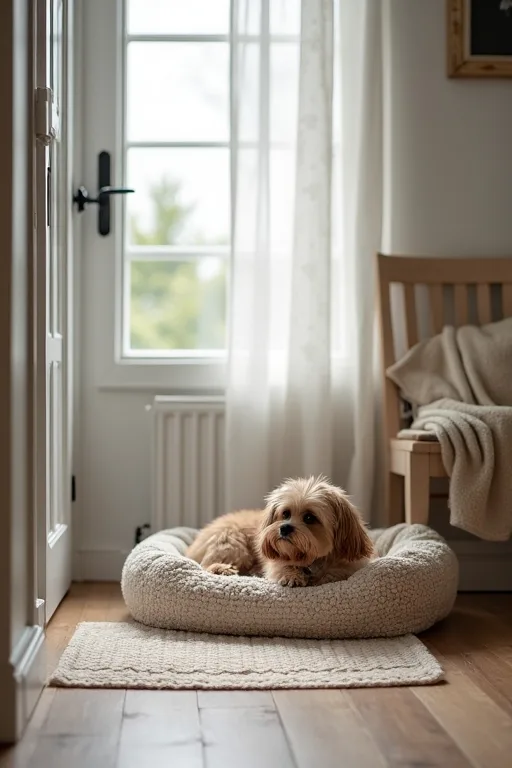 En lugn hundhörna i ett svenskt hem där hunden får vila ostört.
